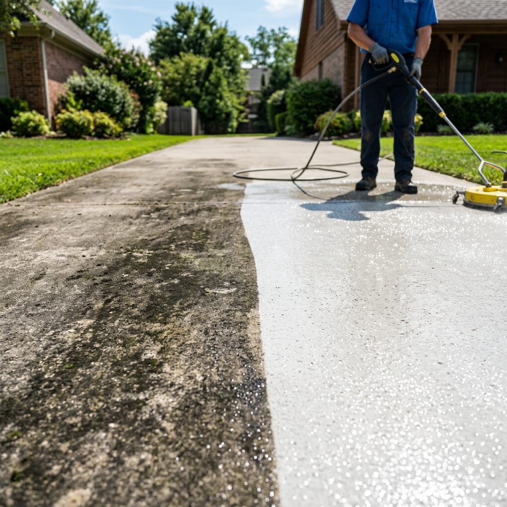 Clean white concrete driveway after pressure washing