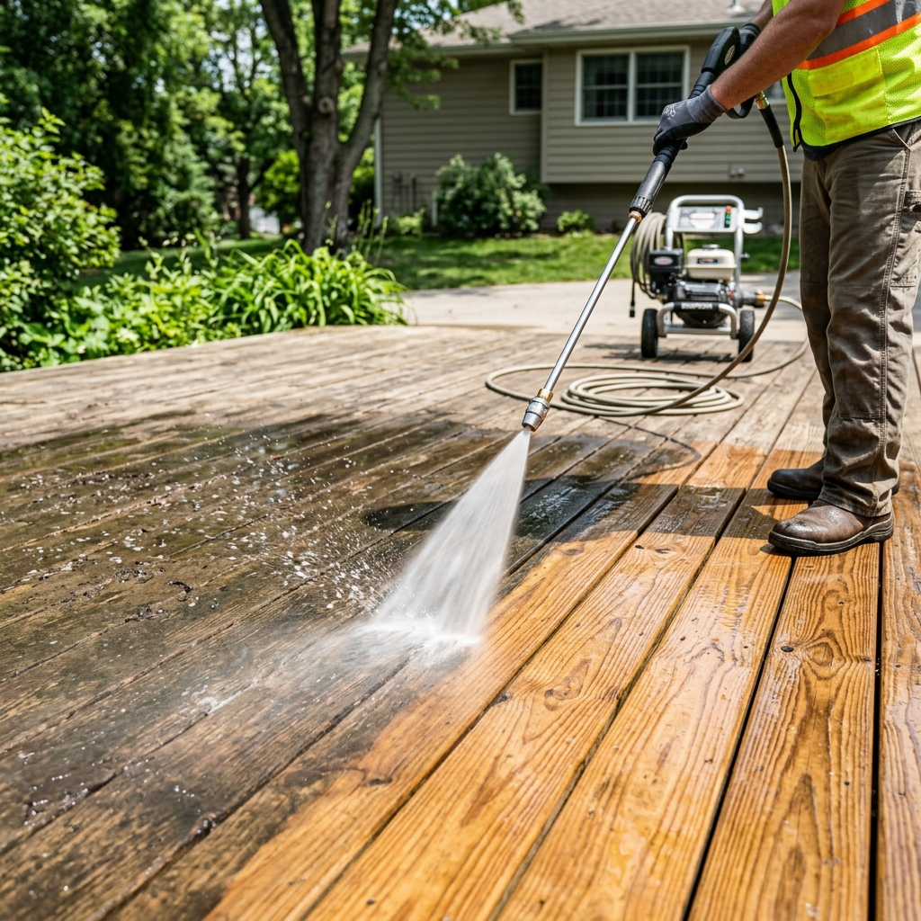 Dirty wood deck surface before pressure wash restoration